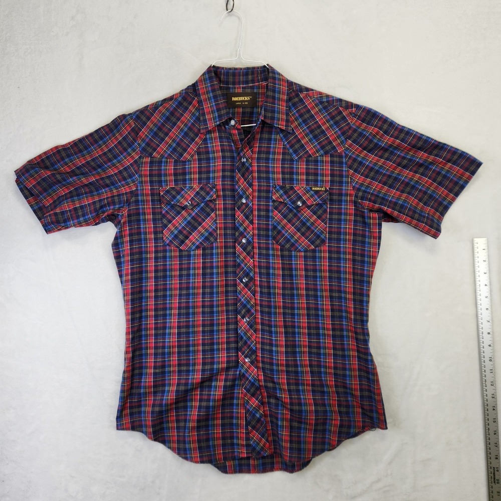 Roebucks Vintage Mens Plaid Western Pearl Snap Short Sleeve Shirt Large Red Blue